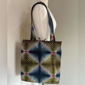 Colorful West African tote bag. Wax print fabric. Green, blue, white